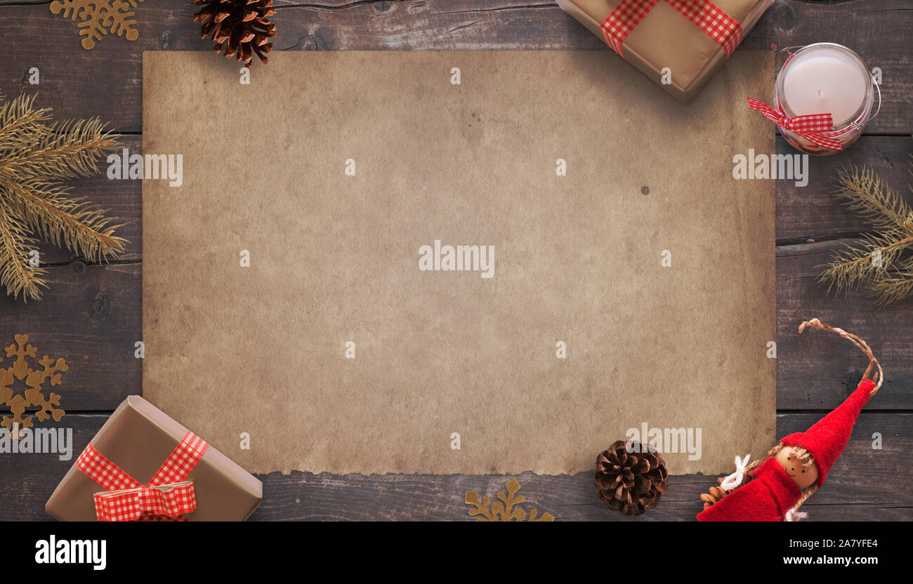 Download Blank Old Vintage Paper Surrounded By Christmas Decorations And Gifts Greeting Card Concept Mockup Top View Flat Lay Composition Stock Photo Alamy PSD Mockup Templates