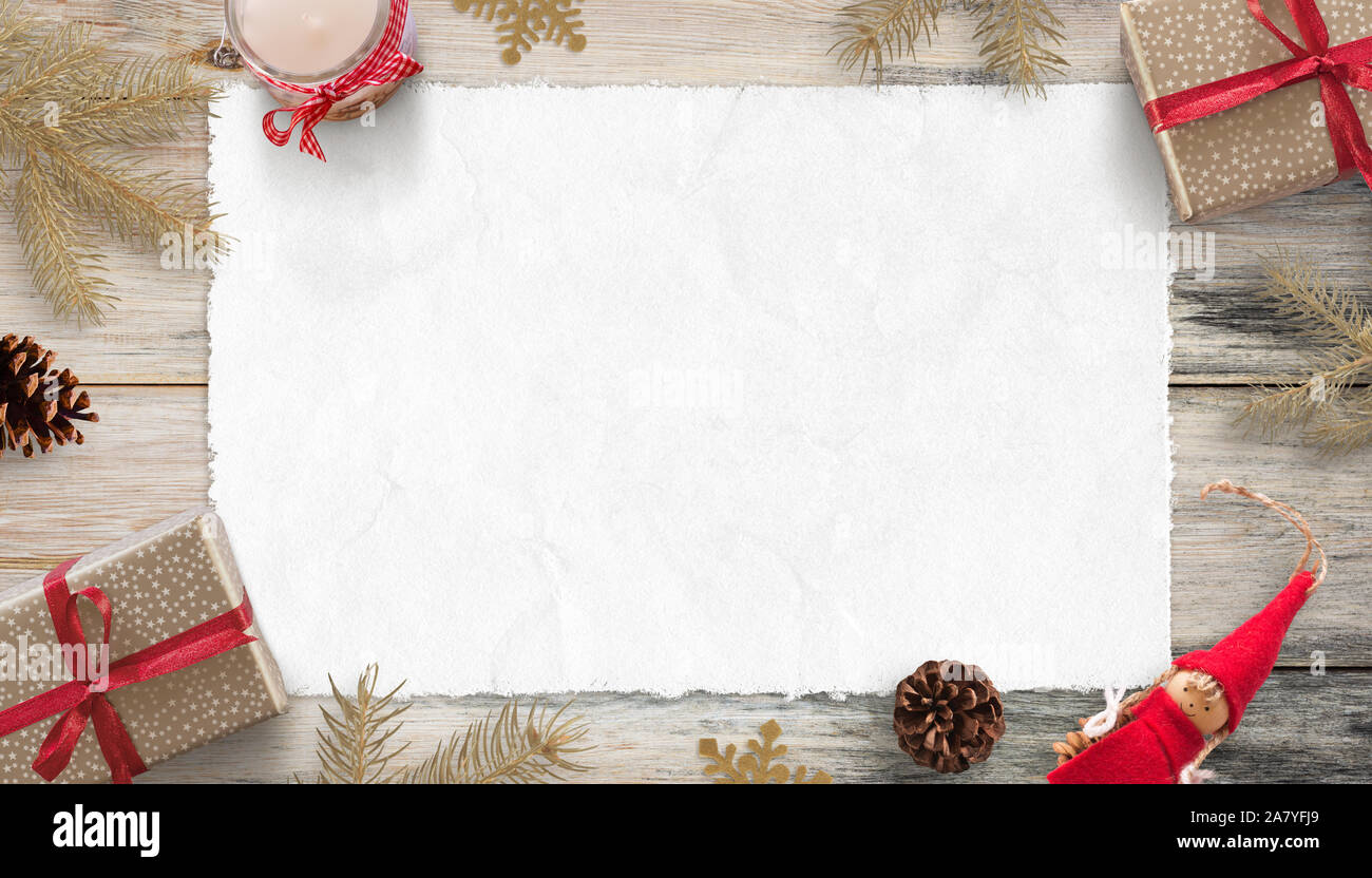 Download Blank Christmas Card Mockup For Greeting Text Piece Of White Paper Surrounded With Gifts And Christmas Decorations Stock Photo Alamy PSD Mockup Templates