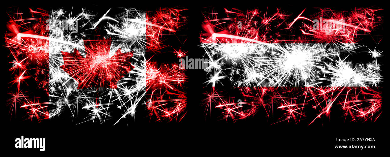 Canada, Canadian vs Austria, Austrian New Year celebration sparkling fireworks flags concept