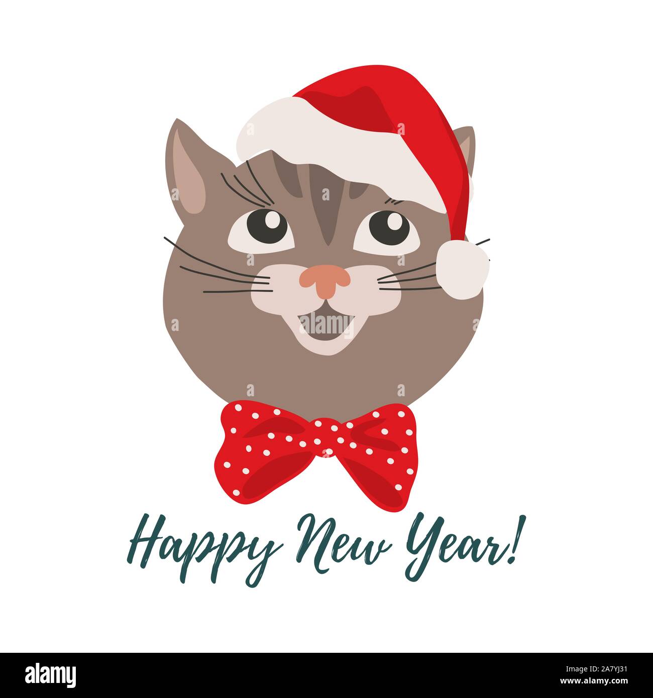 Merry Christmas and Happy New Year. Isolated smiling cartoon face of cat in a red Christmas hat. Cute vector Stock Vector