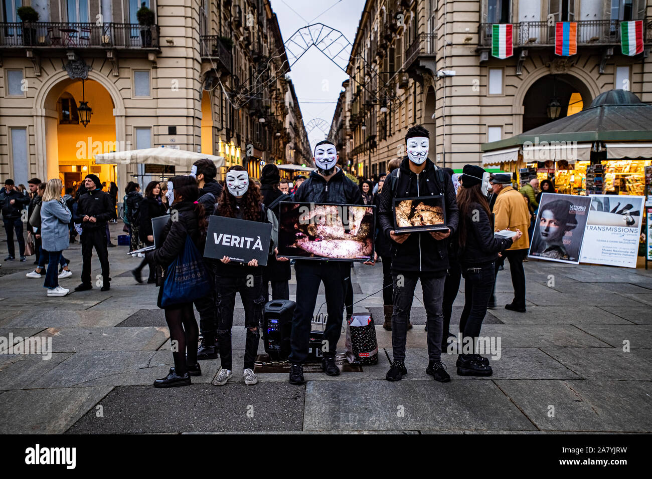 Italy Piedmont Turin -Piazza Castello - group of animal rights volunteers demonstrate against intensive animal breeding Stock Photo