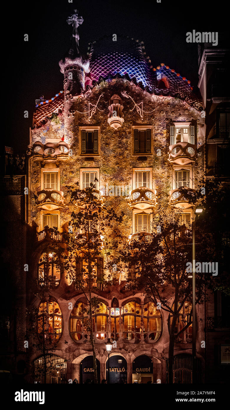 Postcards Of Barcelona Magic Casa Batllo At Night Cityscape Of Catalan S Capital Stock Photo Alamy