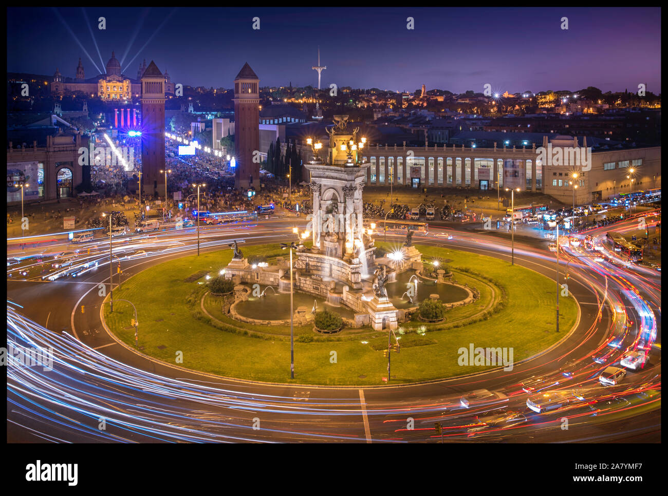Postcard of Barcelona. Cityscape of Plaza de España, MNAC and Font Màgica in Catalan's capital. Stock Photo