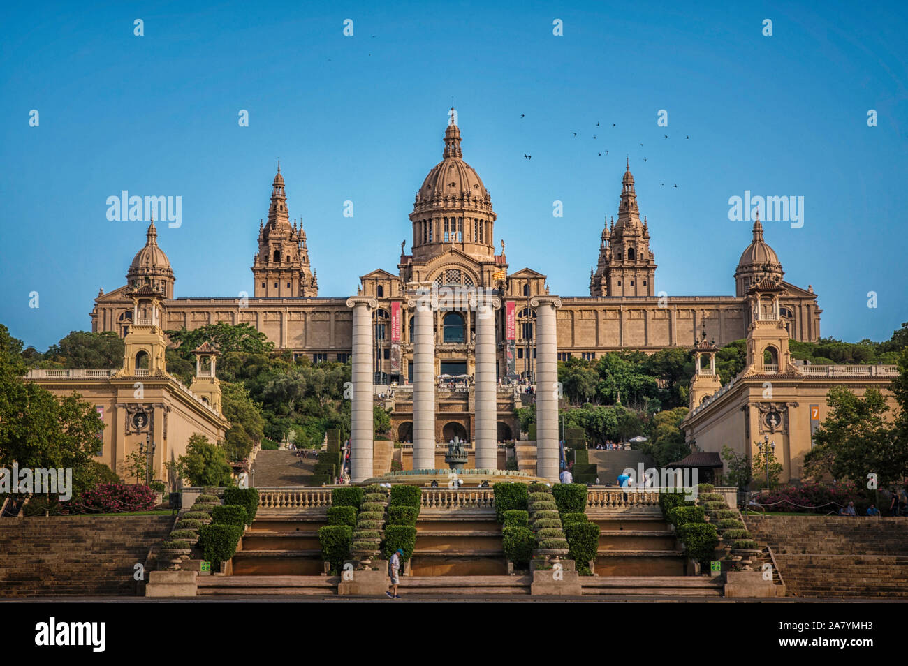 Postcard of Barcelona. Cityscape of Montjuïc, MNAC and Font Màgica in Catalan's capital. Stock Photo