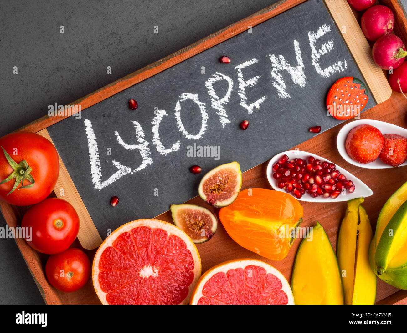 Fruits and vegetables containing lycopene. Healthy vegan food