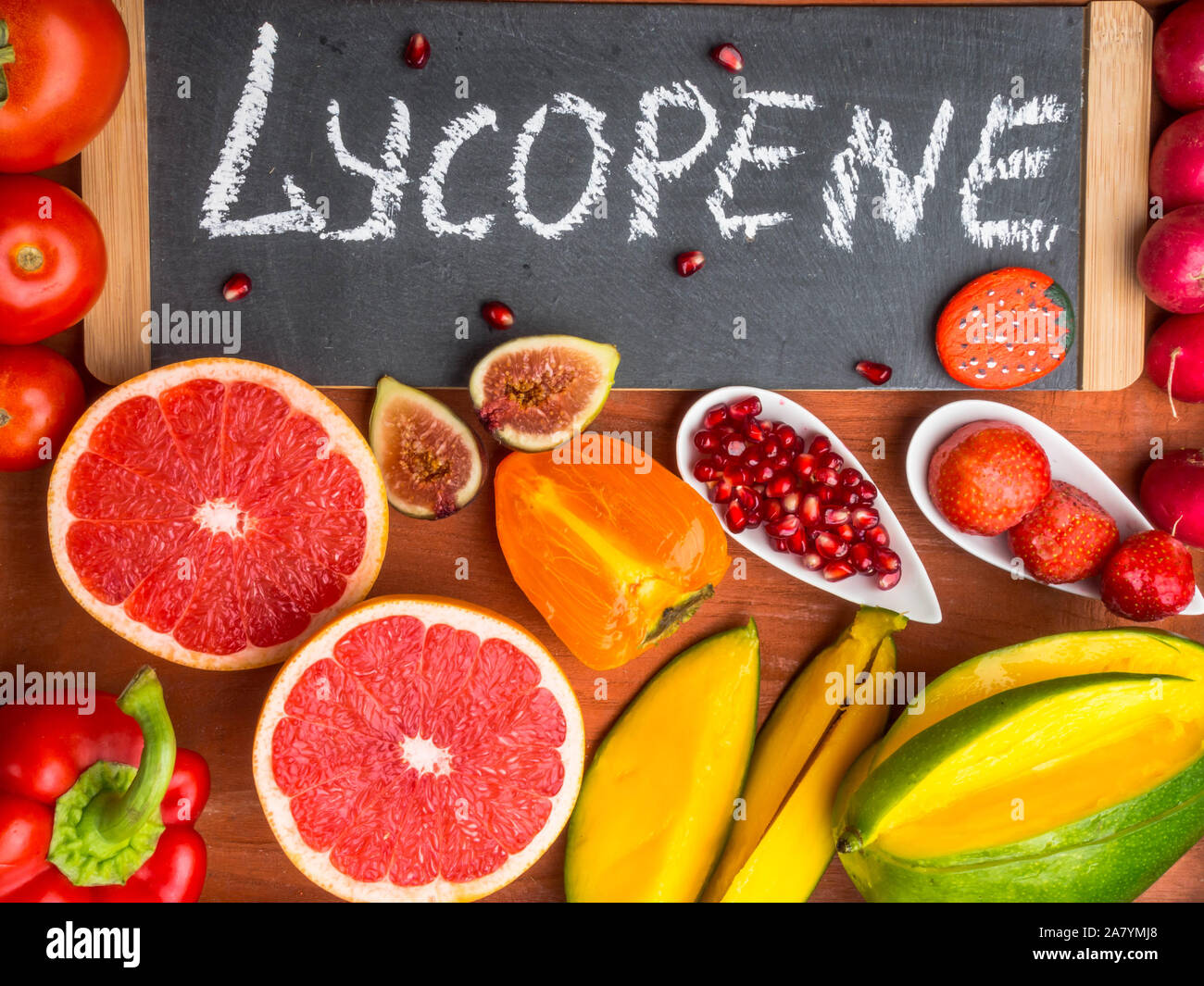 Fruits and vegetables containing lycopene. Healthy vegan food