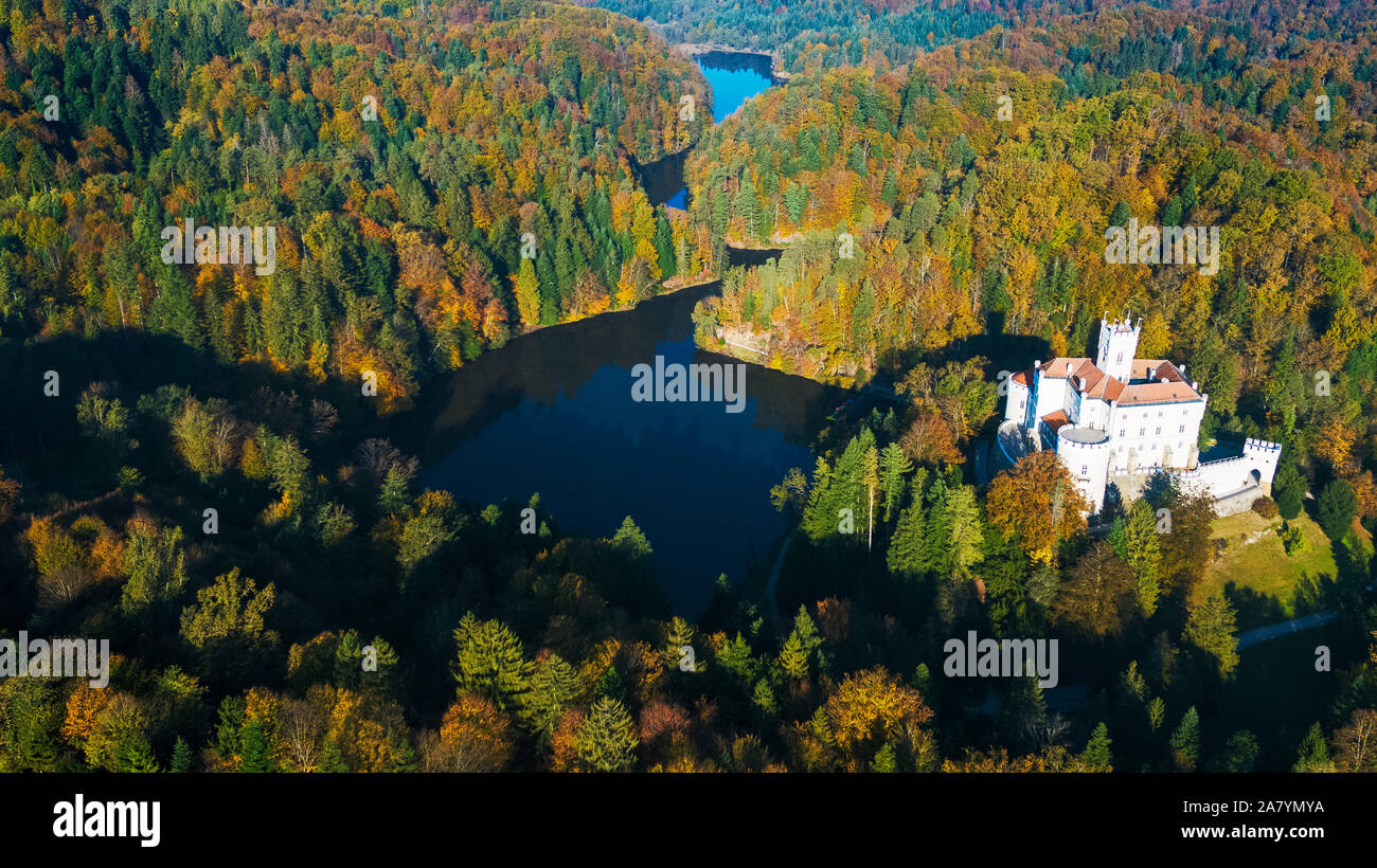 Aerial view of Trakoscan castle in autumn, rural Croatia Stock Photo