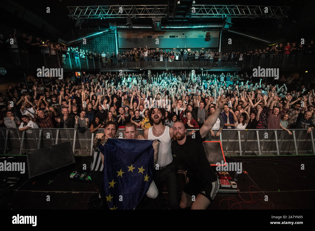Copenhagen, Denmark. 03rd, November 2019. The English rock band Kid Kapichi performs a live concert at Amager Bio in Copenhagen. Here the band is seen on stage with a EU flag after the show. (Photo credit: Gonzales Photo - Joe Miller). Stock Photo