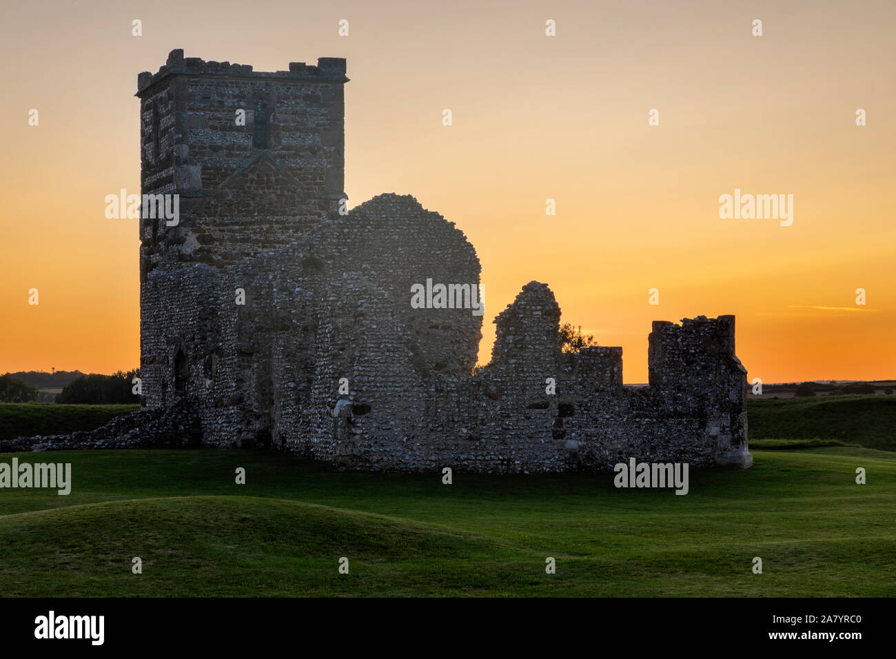 Knowlton Dorset England The ruins of the 12th century Norman church at Knowlton, which is situated inside a prehistoric earthworks, or henge, seen at Stock Photo