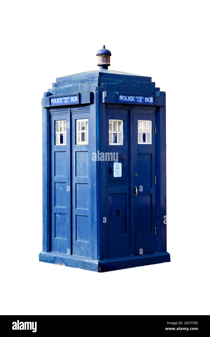 British police box similar to the one used as the Tardis in the TV series Dr Who. Stock Photo