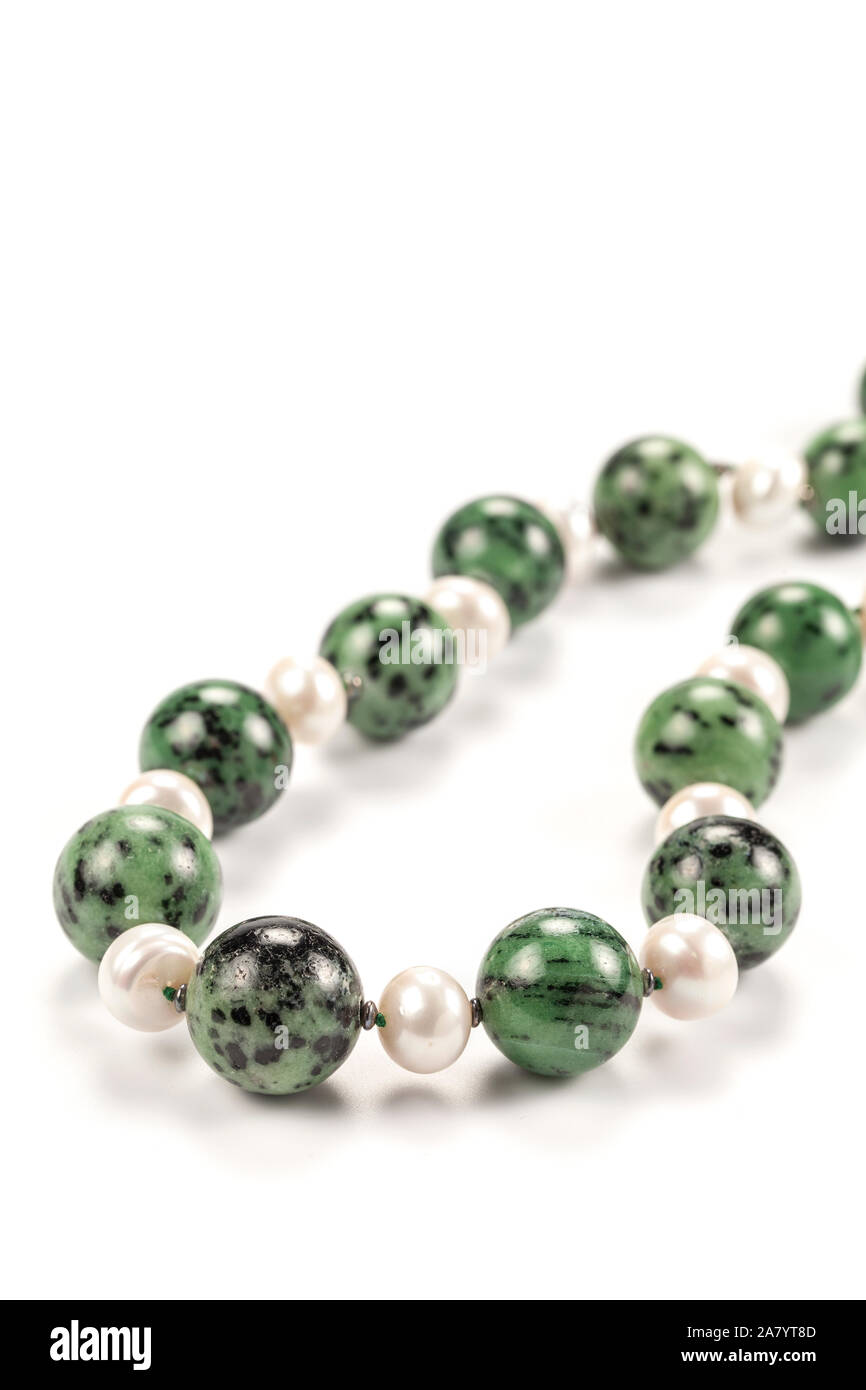 Necklace of green zoisite and pearls Stock Photo