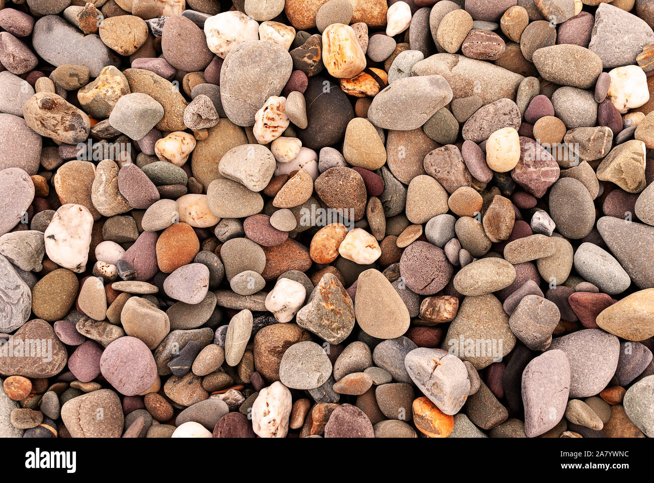 Smooth stones texture background. Rounded stones on Atlantic ocean coast. Stock Photo