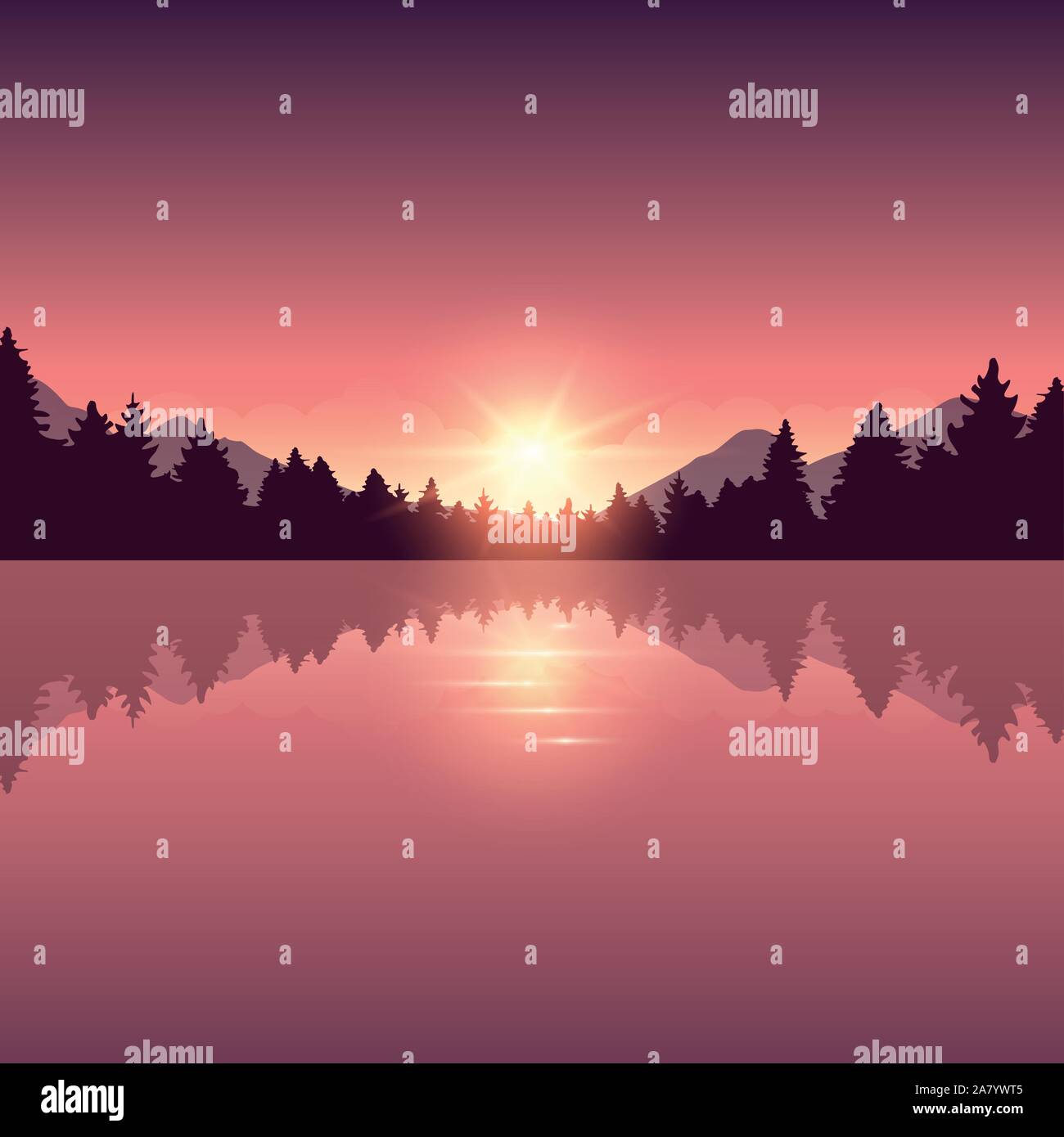 beautiful lake and pine forest nature landscape vector illustration ...