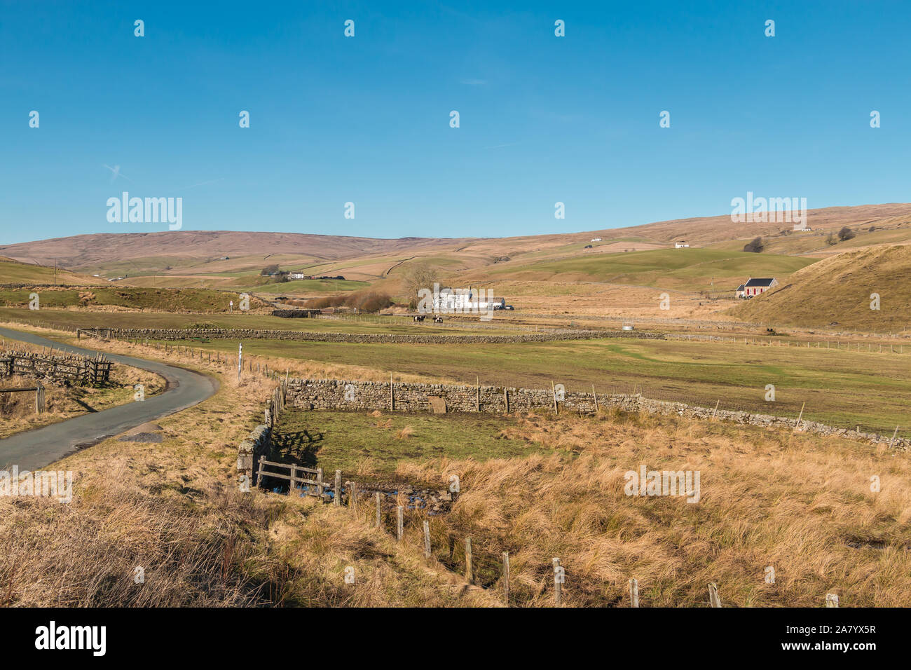 The remote hill farming area of Harwood, Upper Teesdale, UK in briliant February sunshine Stock Photo