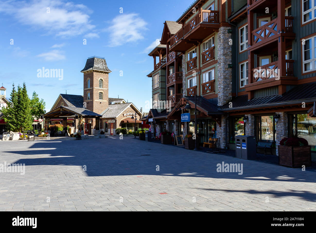 COLLINGWOOD, ON, CANADA - September 30, 2018: Shops and restaurants on pedestrian street at Blue Mountain Village in Autumn. Stock Photo