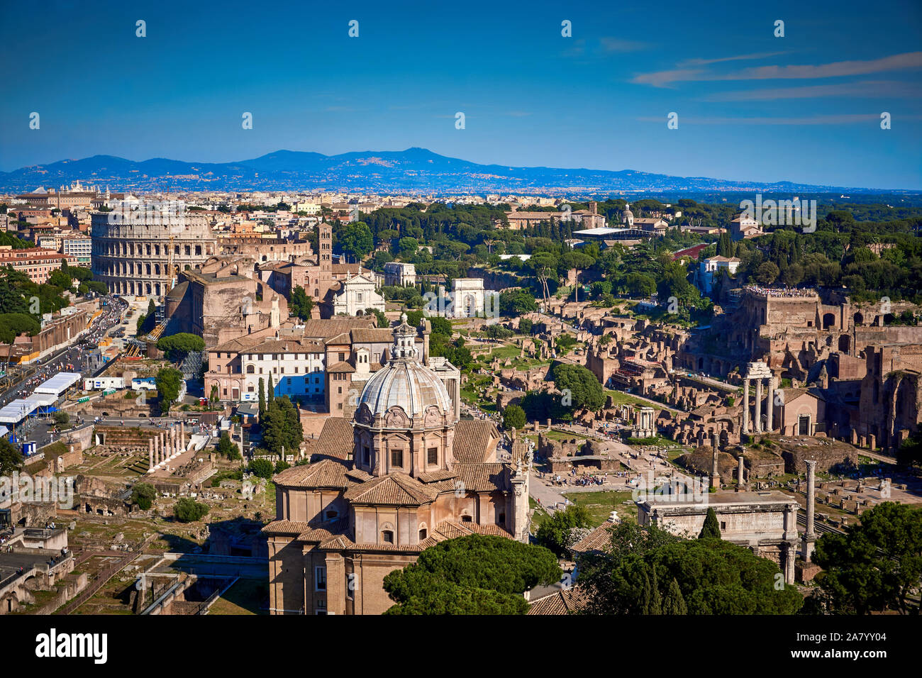 Ancient Rome Ruins Forum Colosseum view from Altar of the Fatherland Rome Italy Stock Photo