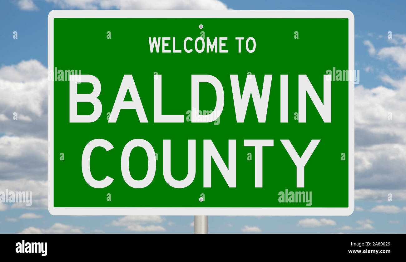 Rendering of a green 3d highway sign for Baldwin County Stock Photo