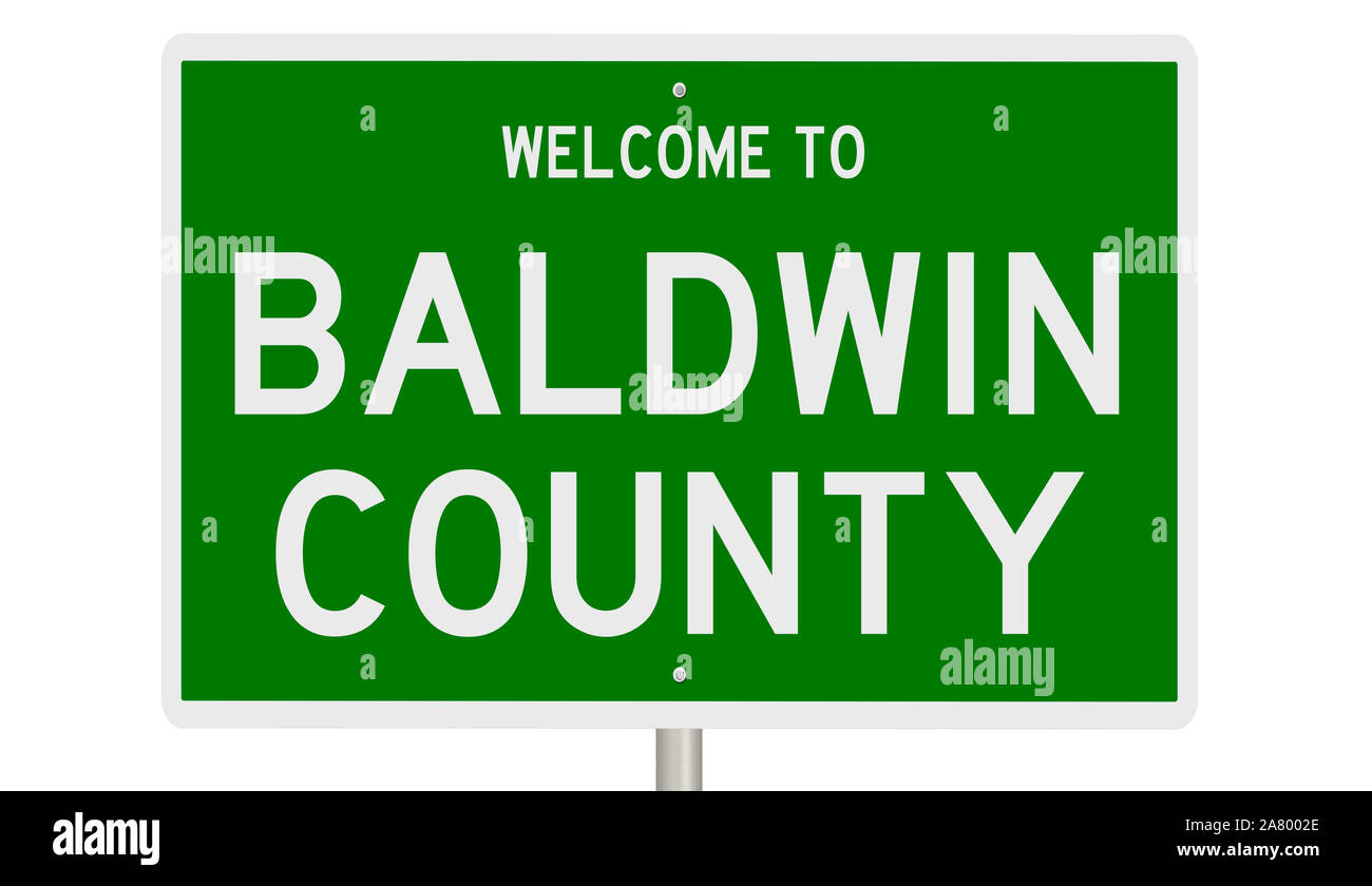 Rendering of a green 3d highway sign for Baldwin County Stock Photo