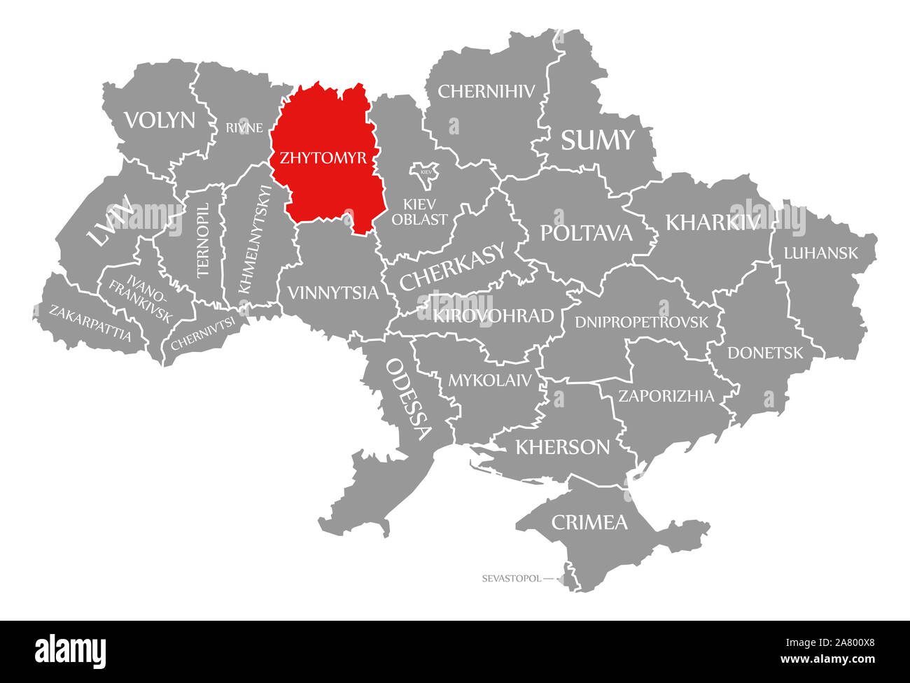 Zhytomyr red highlighted in map of the Ukraine Stock Photo