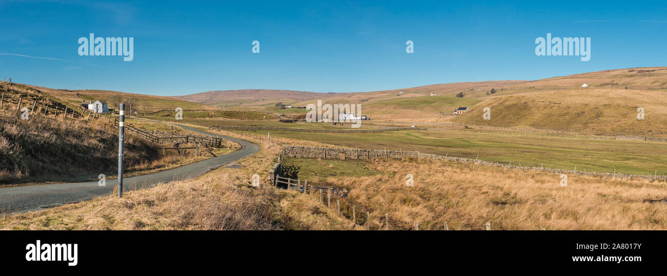 A panoramic view of the remote Harwood area of Upper Teesdale, within the North Pennines AONB Stock Photo