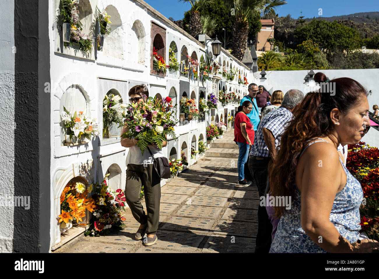 1 November 2019, Day of the Dead, All saints Day, relatives decorate the graves with floral tributes, Guia dE Isora cematary Tenerife, Canary Islands, Stock Photo