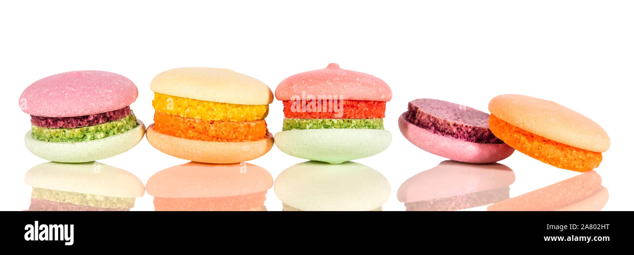 Panorama, coloful cookies or biscuits with reflections, white cutout Stock Photo