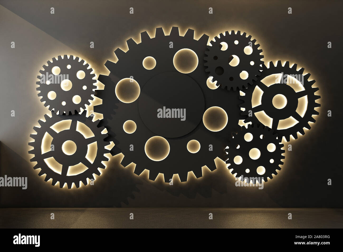 background with black gears on wall. 3d rendering Stock Photo - Alamy