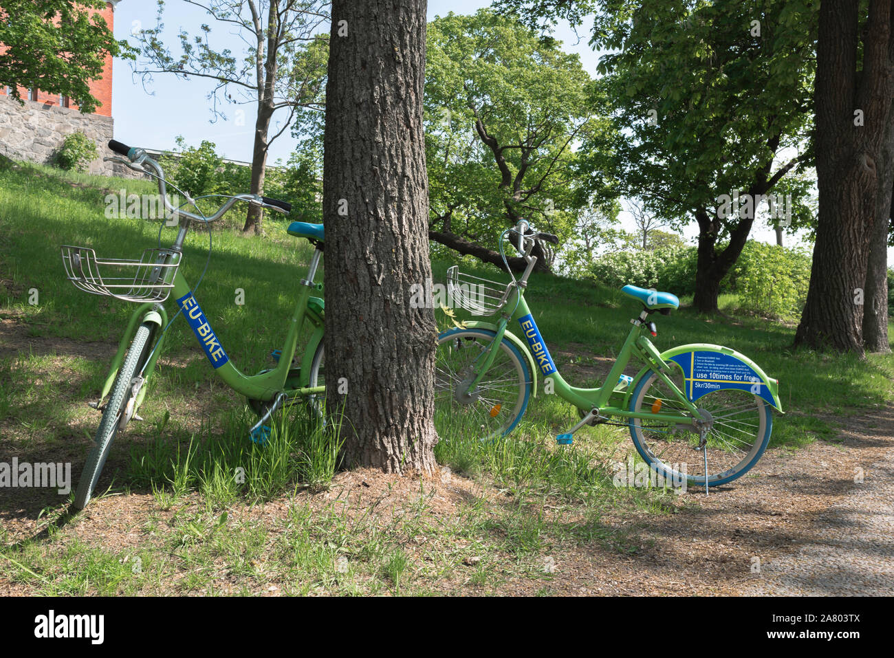 EU bike, view of two EU funded cycle scheme bikes in a park in Stockholm, Sweden. Stock Photo