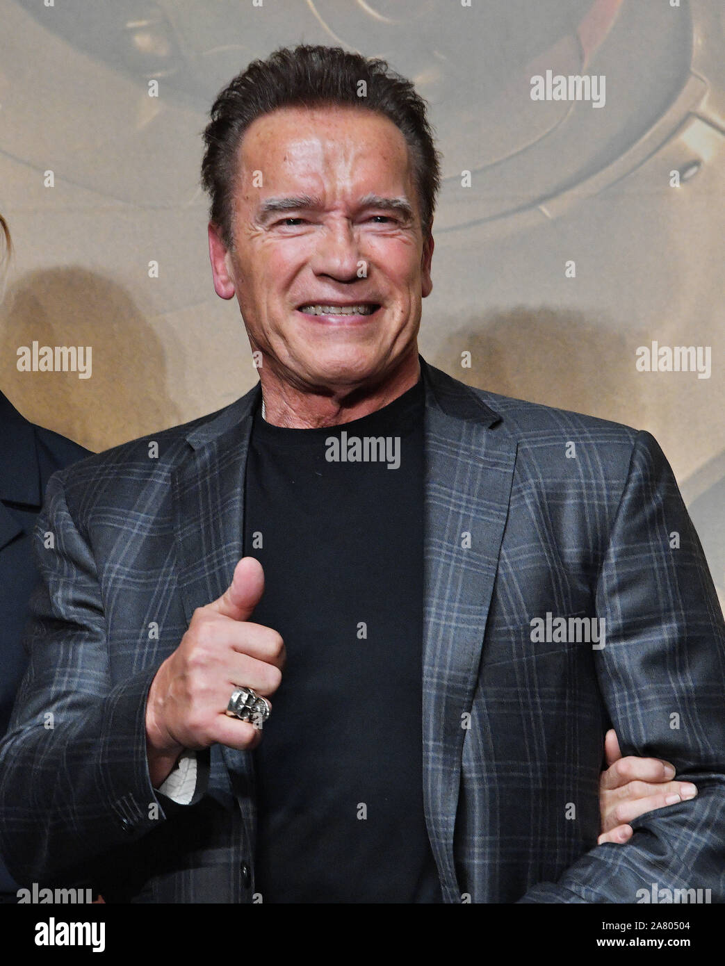 Tokyo, Japan. 05th Nov, 2019. Actor Arnold Schwarzenegger attends the press conference for the film 'Terminator: Dark Fate' in Tokyo, Japan on Tuesday, November 5, 2019. 'Terminator: Dark Fate' set 25 years after the events of 'Terminator 2', filming took place from June to November 2018 in Hungary, Spain and the United States. James Cameron return to production and actress Linda Hamilton play Sara Conner for the first time in 28 years. This film open November 8 in Japan. Photo by MORI Keizo/UPI Credit: UPI/Alamy Live News Stock Photo