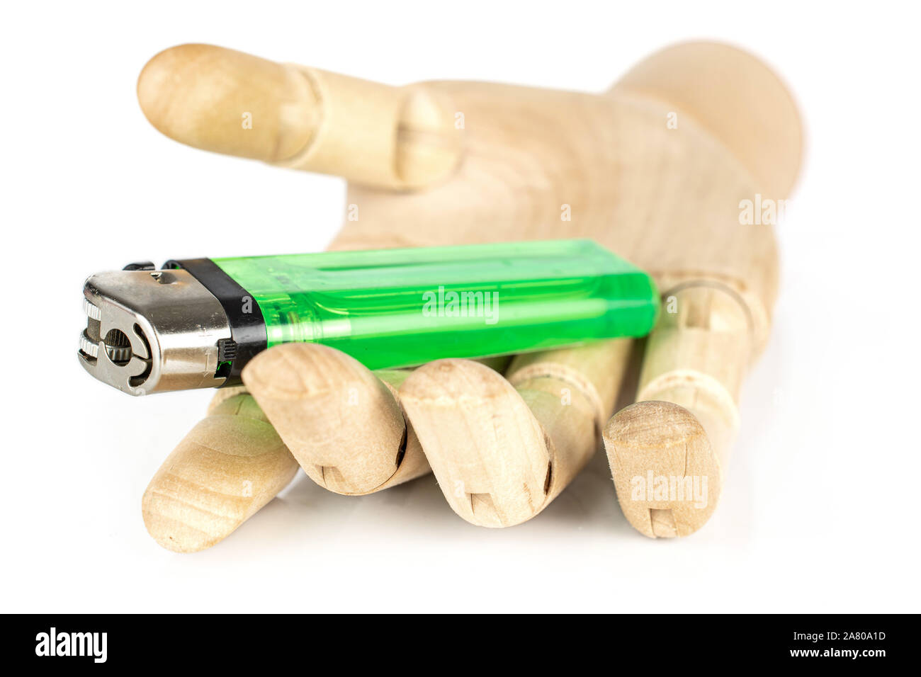 One whole plastic lighter with wooden hand isolated on white background