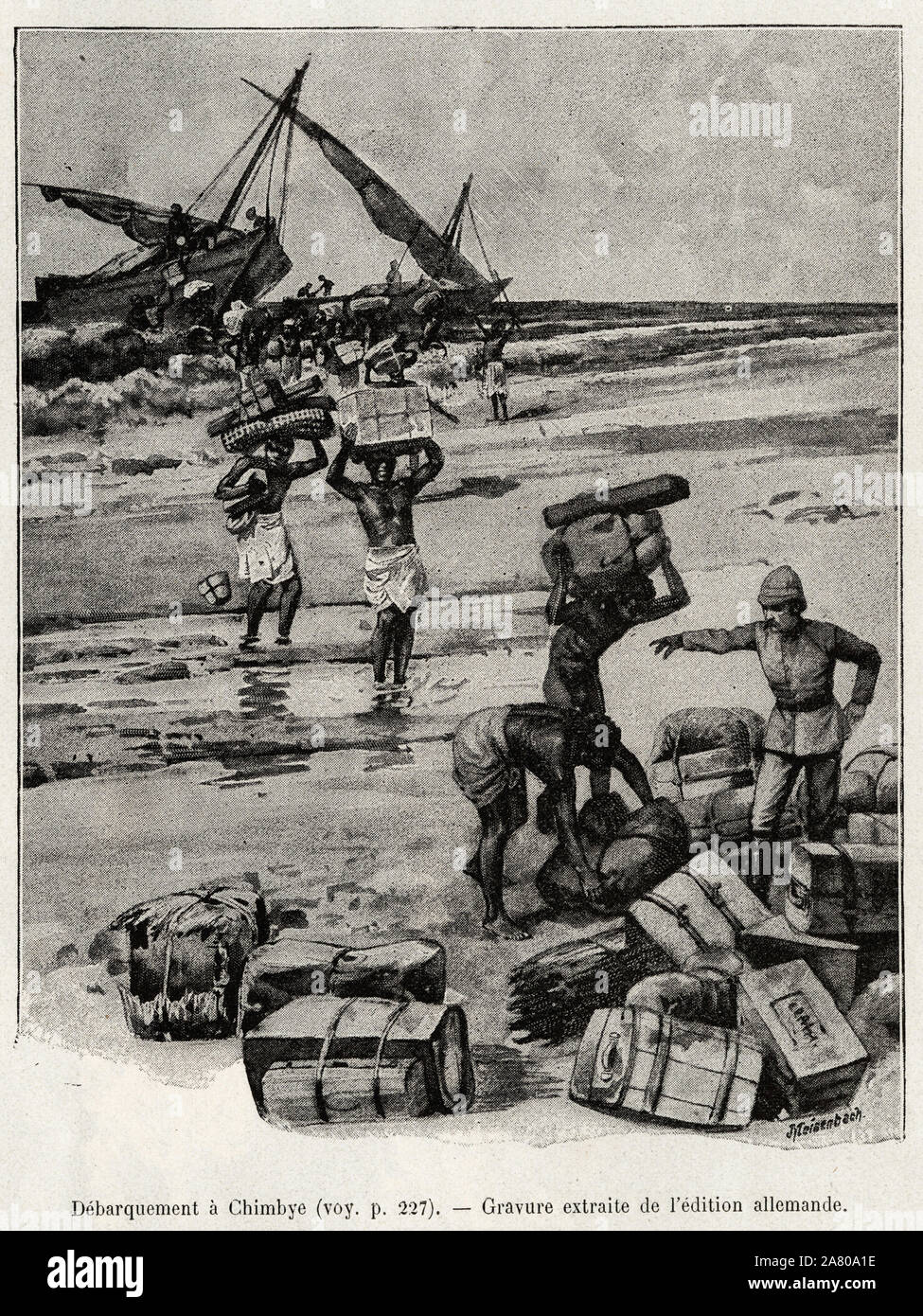 Le debarquement a Chimbye (Tanzanie) de l'expedition Peters. Gravure  pour illustrer le recit 'Au secours d'Emin Pacha', par le docteur Peters (1856-1 Stock Photo