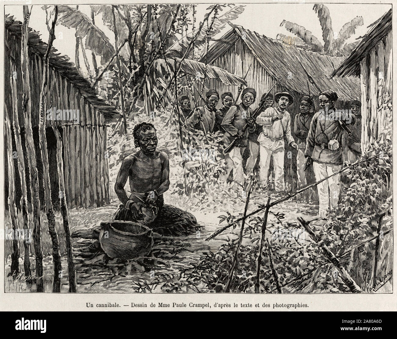 La mission d'exploration rencontre un cannibale. Gravure de Paule Crampel (1864-1964) pour illustrer le recit 'La mission Crampel', par Albert Nebout Stock Photo