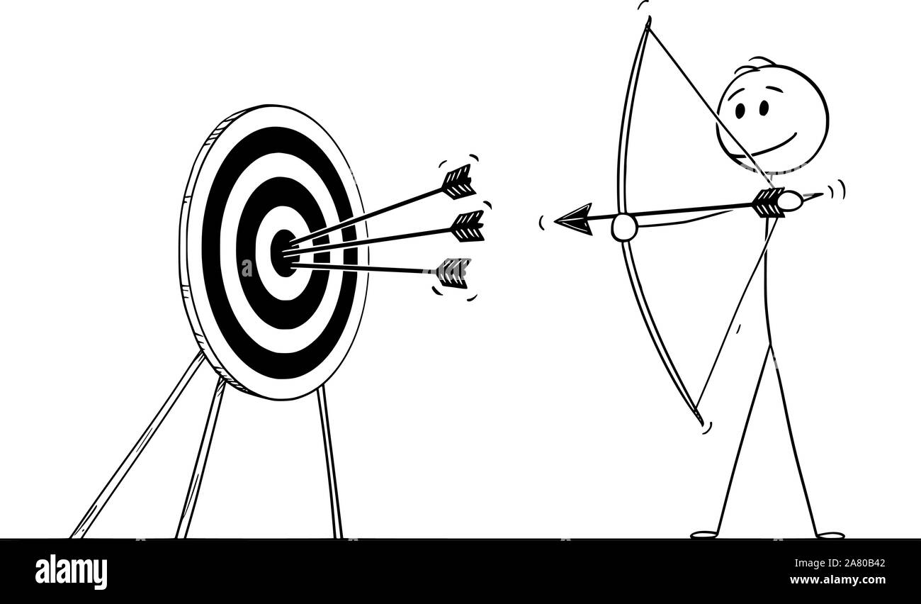 Vector cartoon stick figure drawing conceptual illustration of successful man or businessman shooting arrow at target with bow. Business concept of pointing at goal or success. Stock Vector