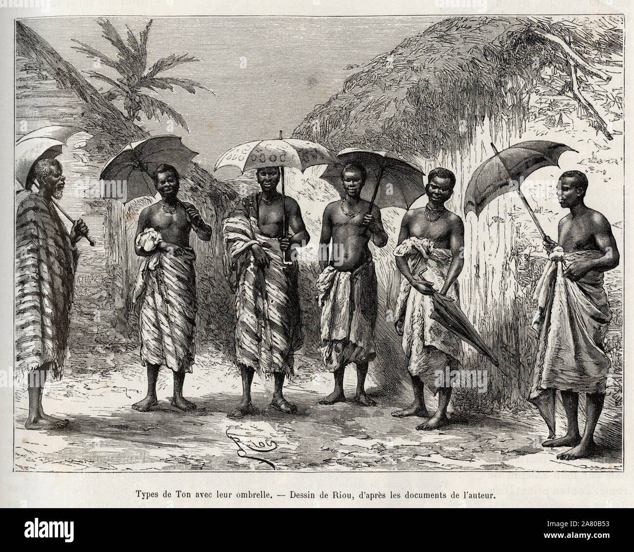 Type de Ton avec leur ombrelle. Gravure de Riou, pour illustrer le recit 'Du Niger au  golfe de Guinee' par le capitaine Louis Gustave Binger (1856-19 Stock Photo