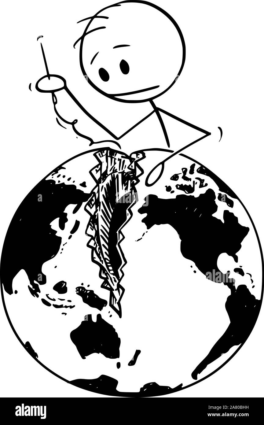 Vector cartoon stick figure drawing conceptual illustration of man with needle sewing broken world, globe or Earth. Concept of reconciliation of Pacific nations and peacemaking. Stock Vector