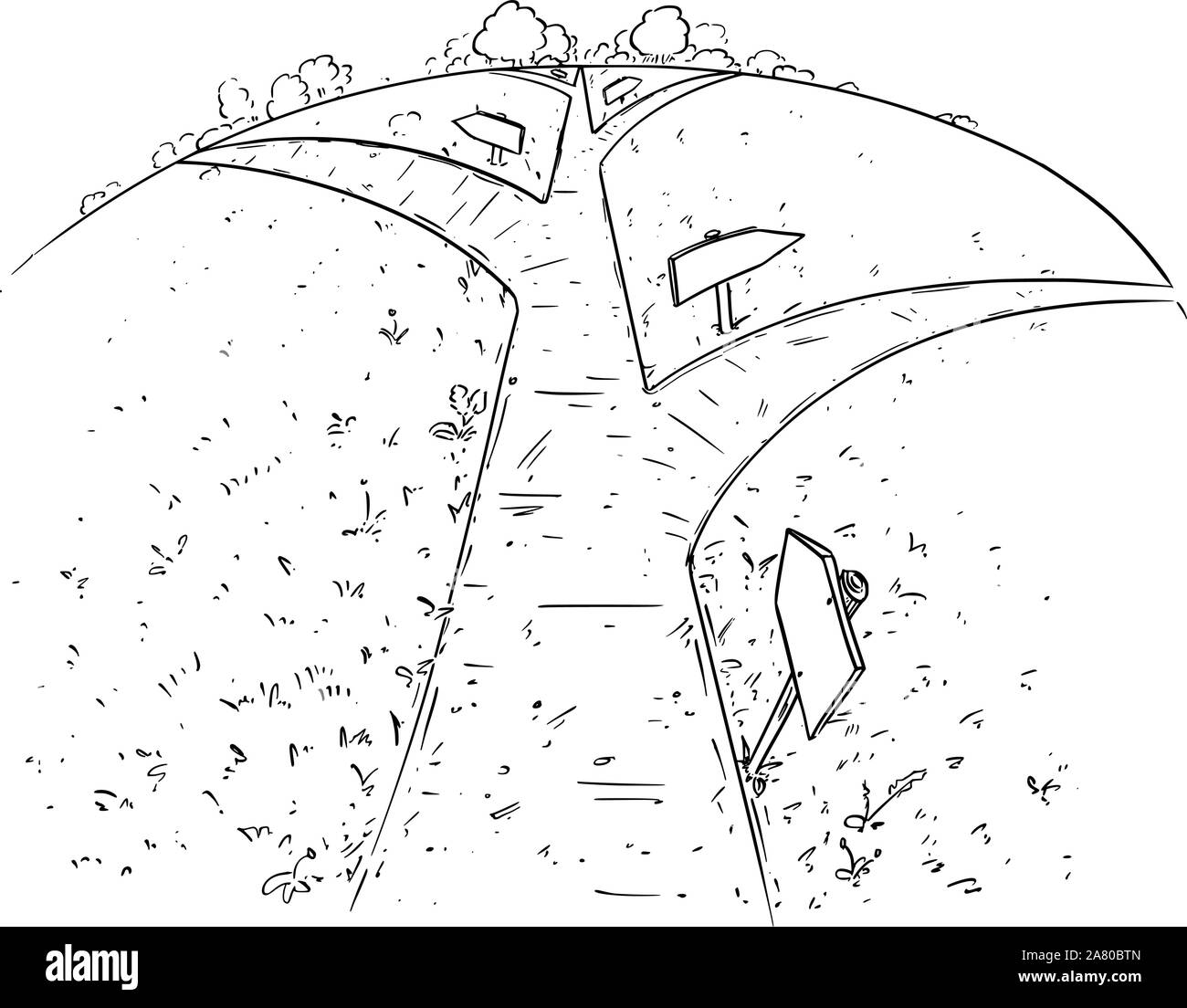 Vector cartoon pen and ink drawing of road or path forward and branching through grass, meadows and nature. Concept of future and destiny. Stock Vector