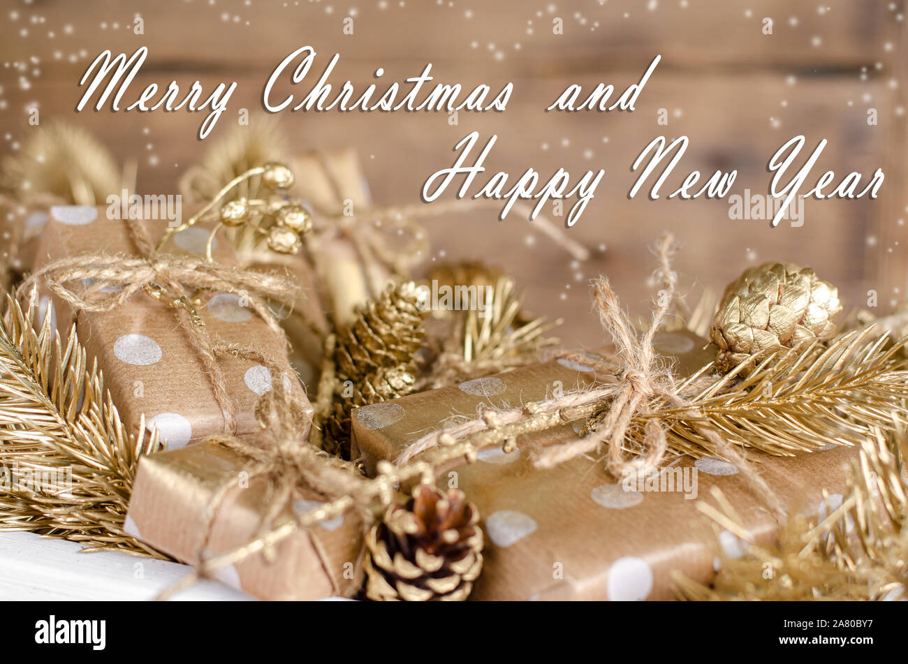Christmas and New Year greeting card with golden gift boxes and ...