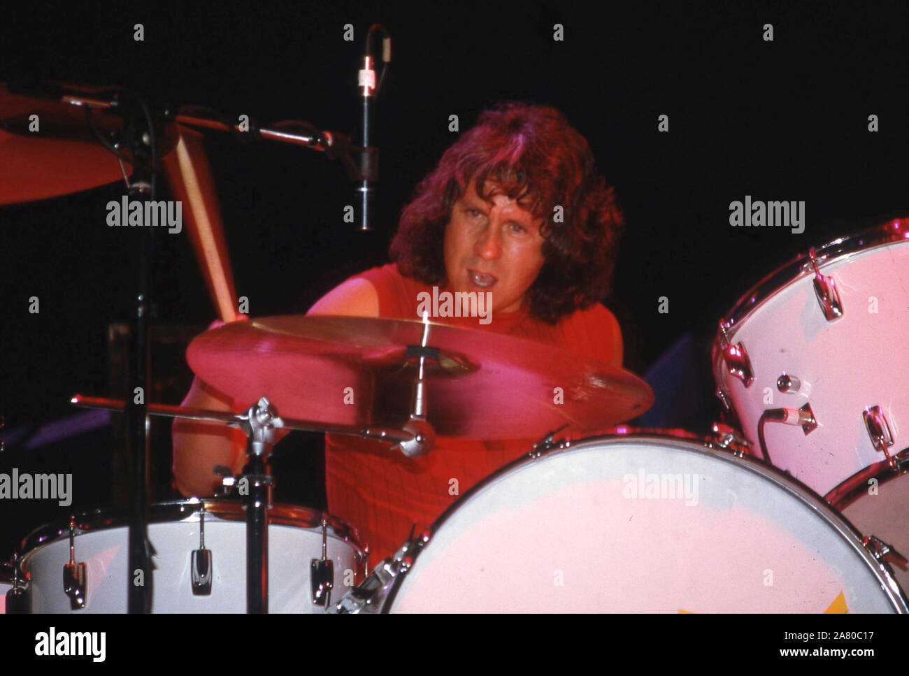 Foreigner on stage at Wembley Arena,London 1985: drummer Dennis Leslie Elliott Stock Photo