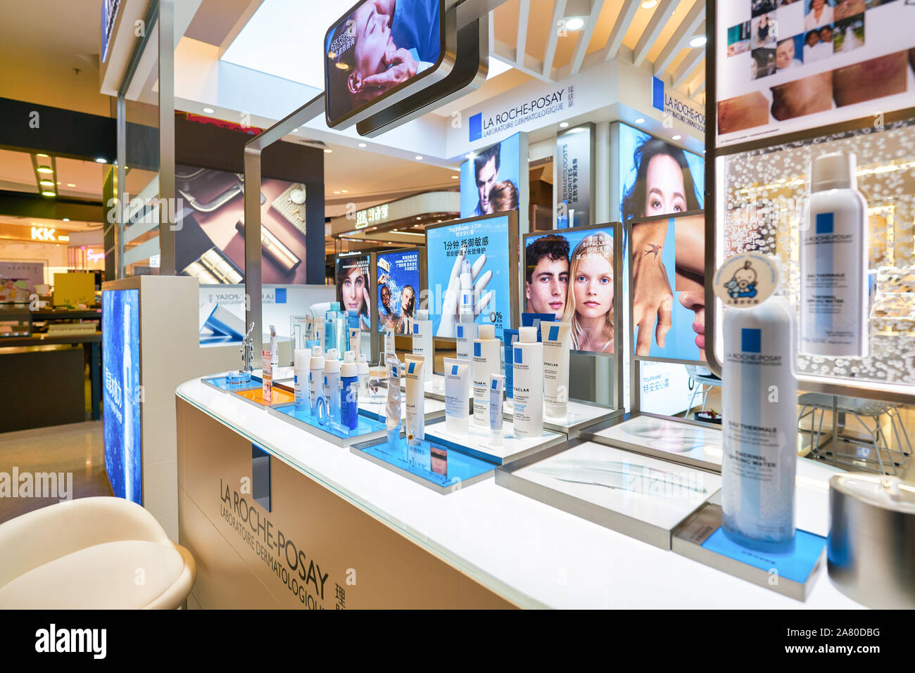 SHENZHEN, CHINA - CIRCA APRIL, 2019: La Roche-Posay Laboratoire Dermatologique products on display at a shopping mall in Shenzhen Stock Photo