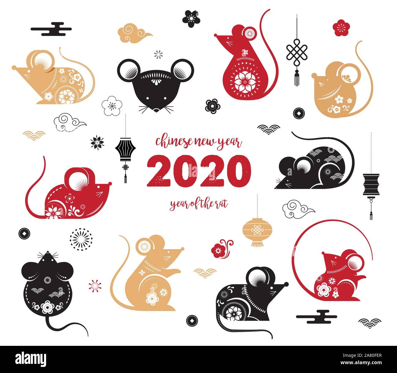 Happy Chinese New Year Design Rat Zodiac Cute Decorated Mouses Collection Japanese Korean Vietnamese New Year Vector Illustration And Stock Vector Image Art Alamy