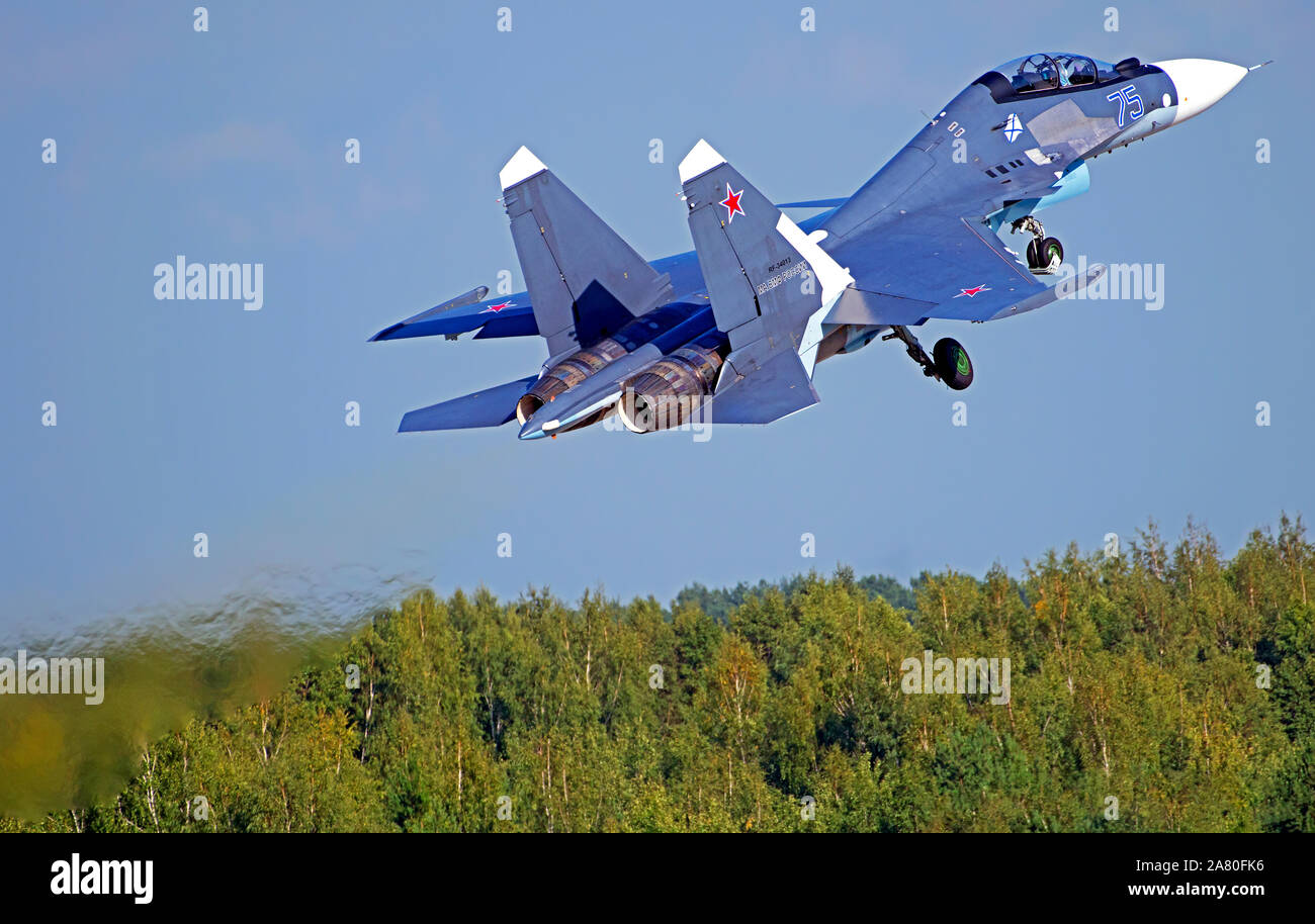 Sukhoi Su-30SM (Flanker-C) is a twin-engine, two-seat supermaneuverable fighter aircraft developed in the Soviet Union by Russia's Sukhoi Aviation Cor Stock Photo