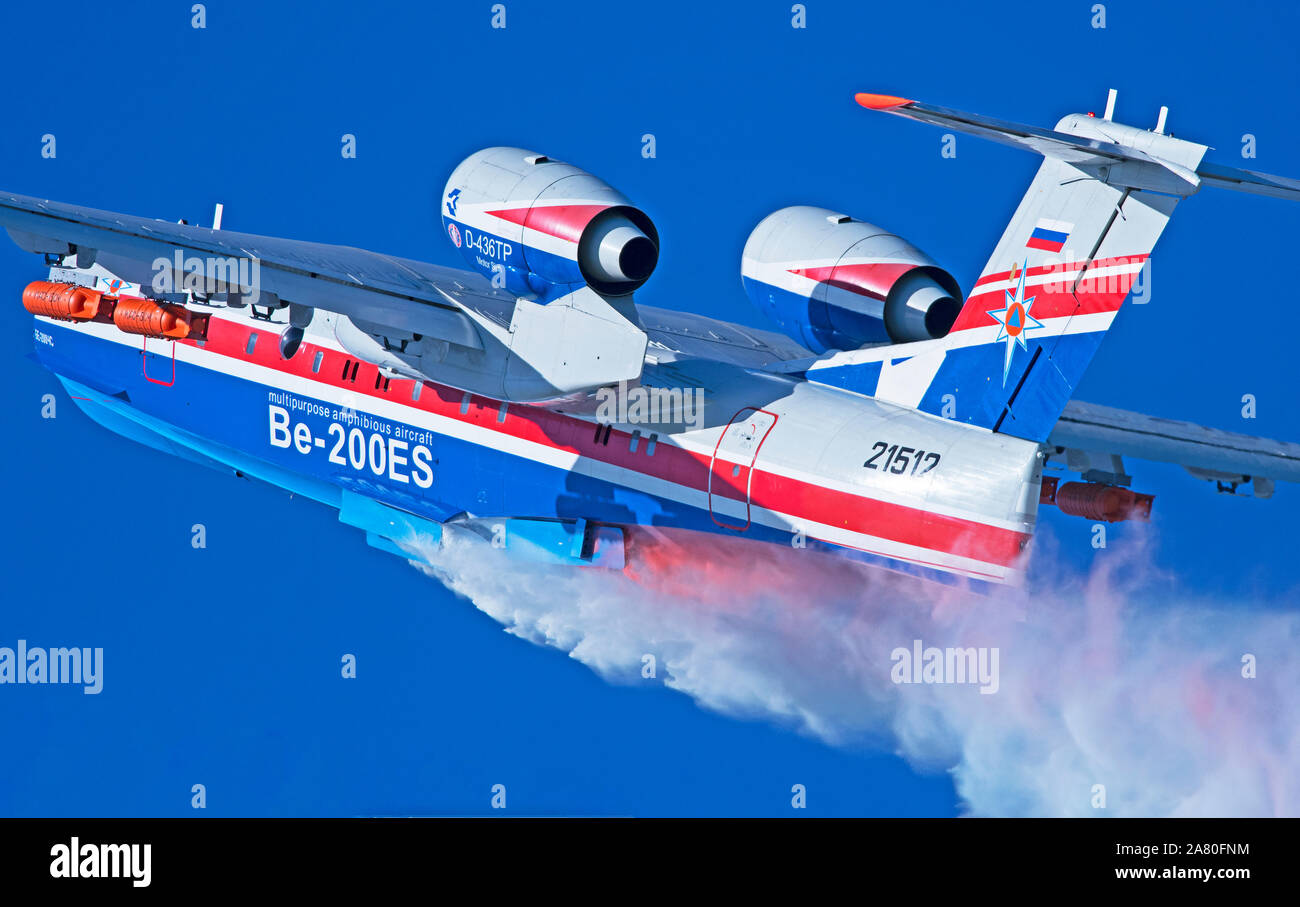 Beriev Be-200 Altair is a multipurpose amphibious aircraft designed by the Beriev Aircraft Company and manufactured by Irkut. Marketed as being design Stock Photo