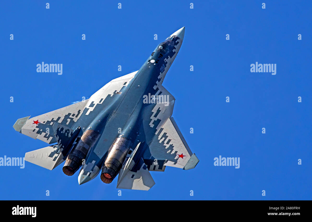 Sukhoi Su-57 (Felon) is a stealth, single-seat, twin-engine multirole fifth-generation jet fighter being developed since 2002 for air superiority and Stock Photo