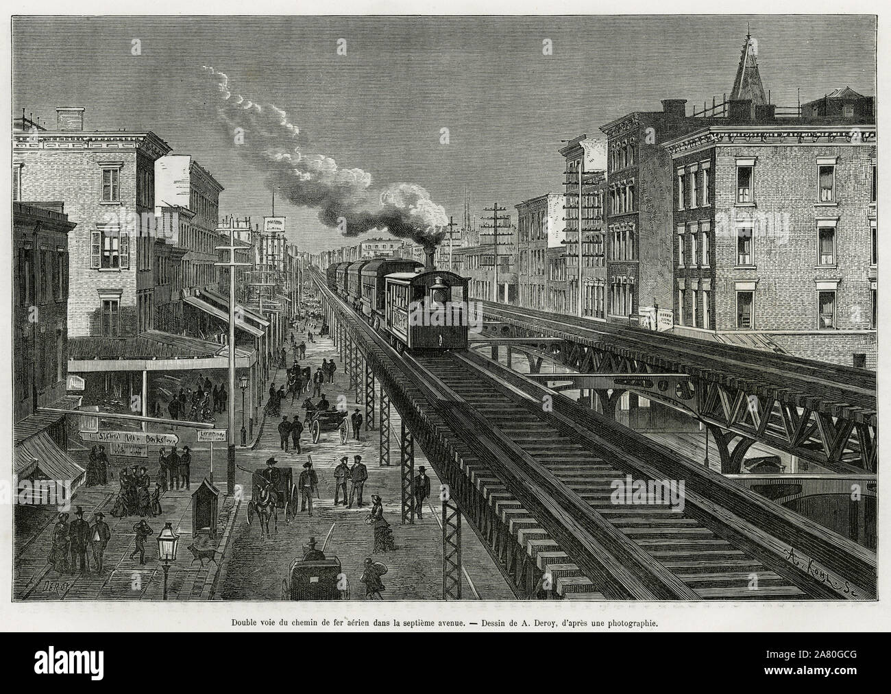 Double voie du chemin de fer aerien dans la septieme avenue, a New-York ( New York). Gravure de A.Deroy, pour illustrer le recit sur les nouveautes de Stock Photo