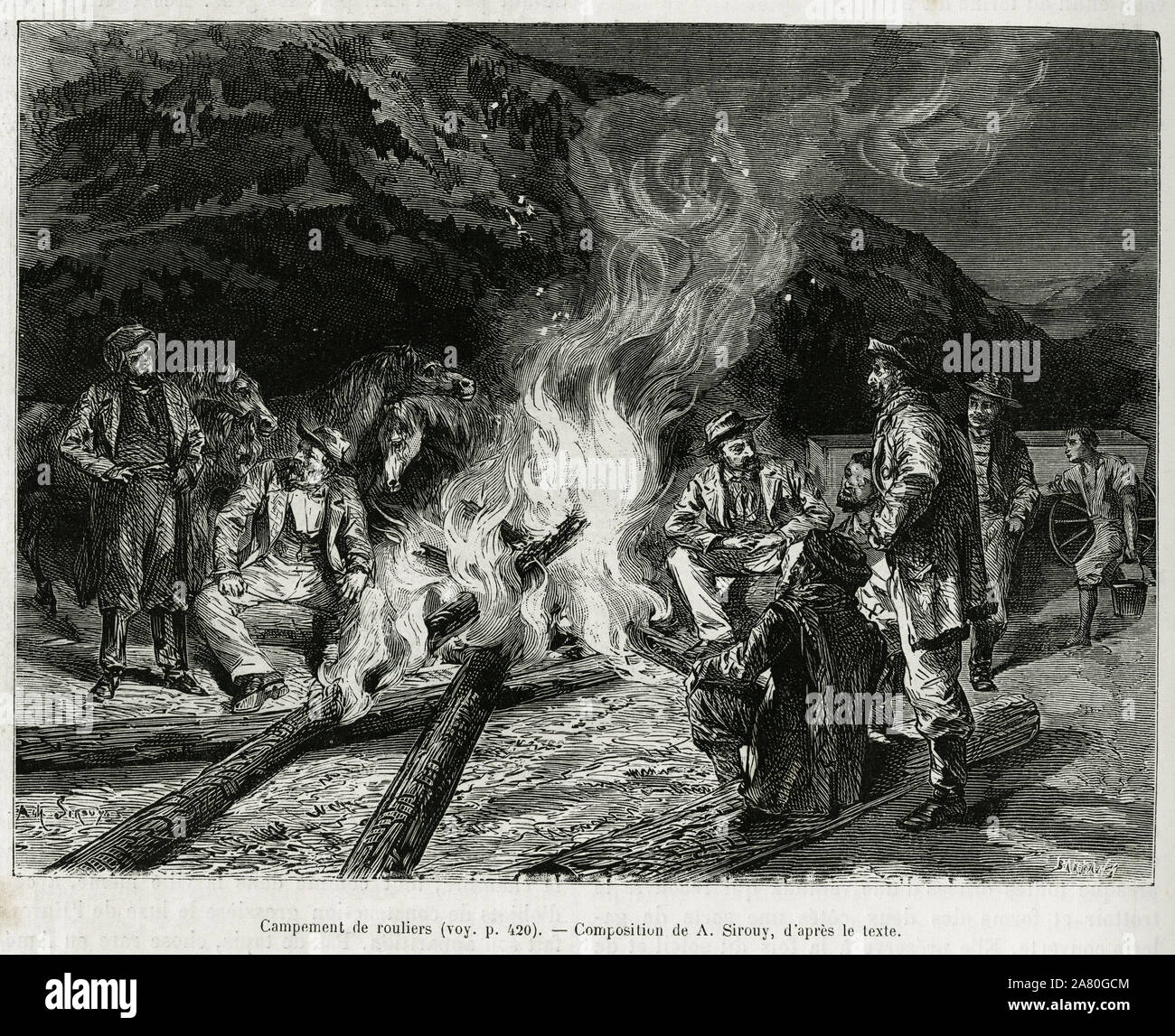Un campement de rouliers ( voituriers a cheval). Gravure de A.Sirouy, pour illustrer le recit sur les nouveautes de New York et le Niagara l'hiver, pa Stock Photo