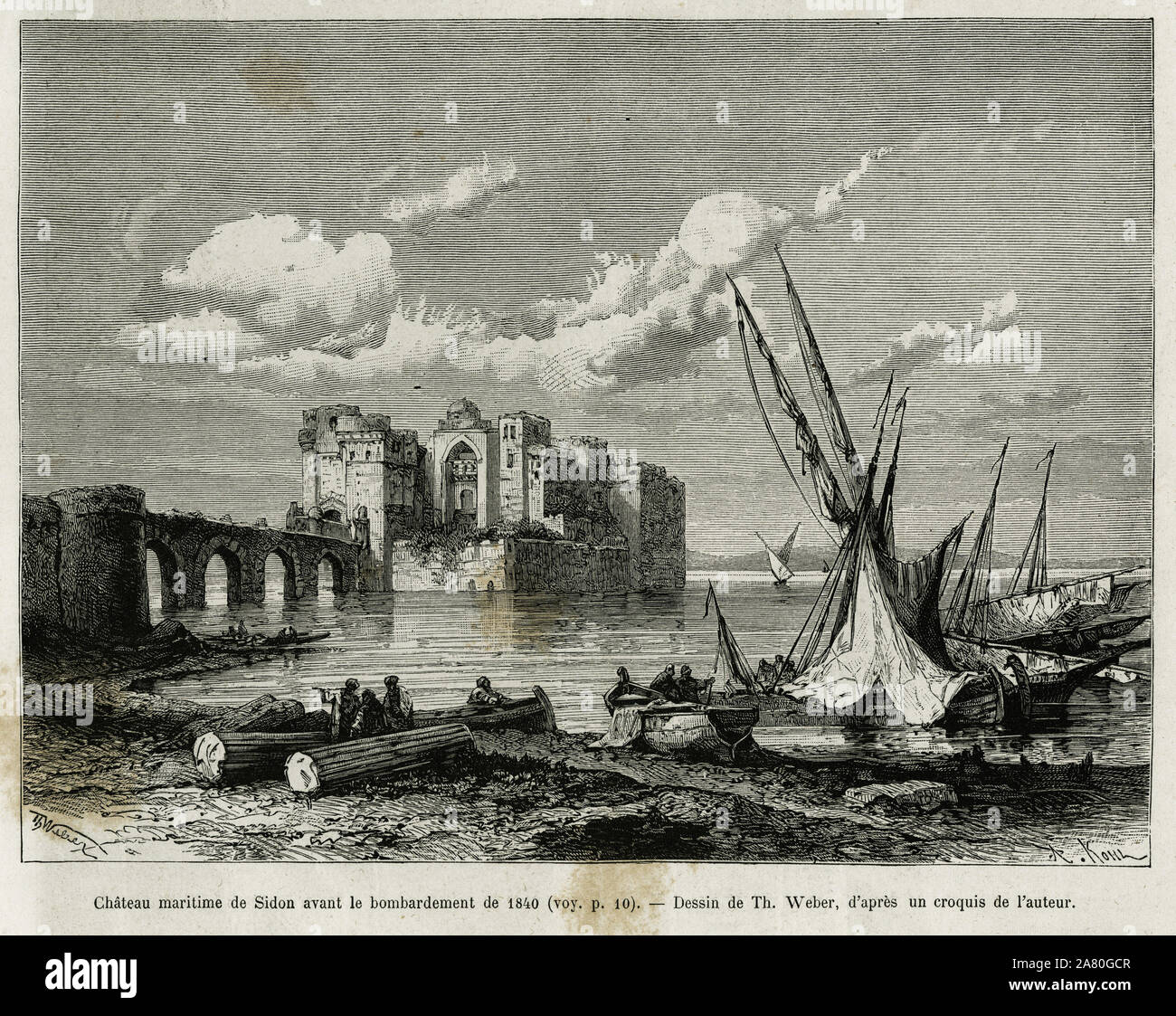 Le chateau maritime de Sidon avant le bombardement de 1840. Gravure de Th. Weber, pour illustrer le recit La Syrie d'aujourd'hui, par M.Lortet, doyen Stock Photo