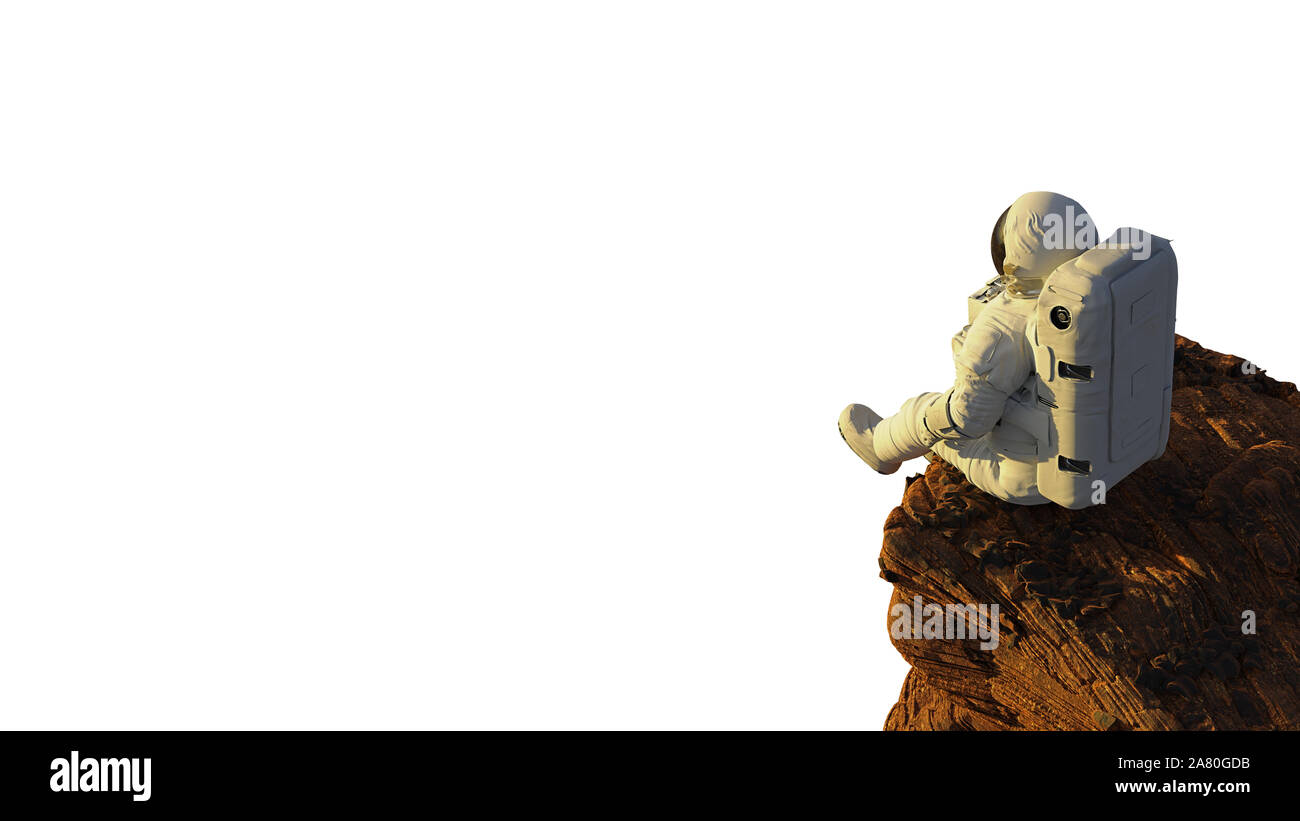 astronaut on planet Mars sitting on a cliff, isolated on white ...
