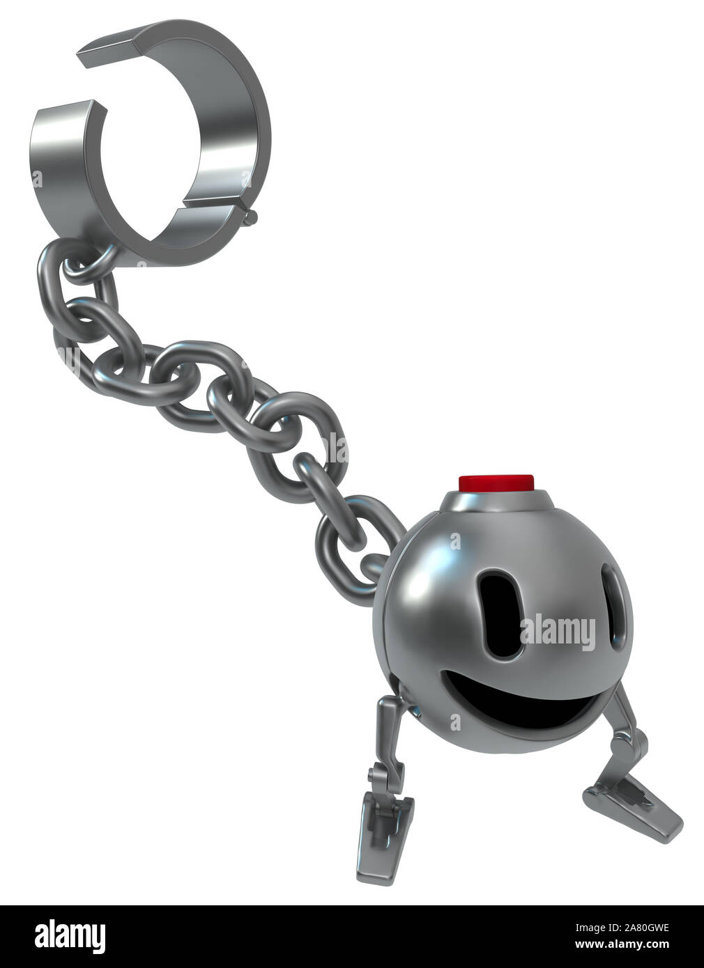 Bomb robot happy cartoon character with shackle chain, 3d illustration, horizontal, isolated Stock Photo