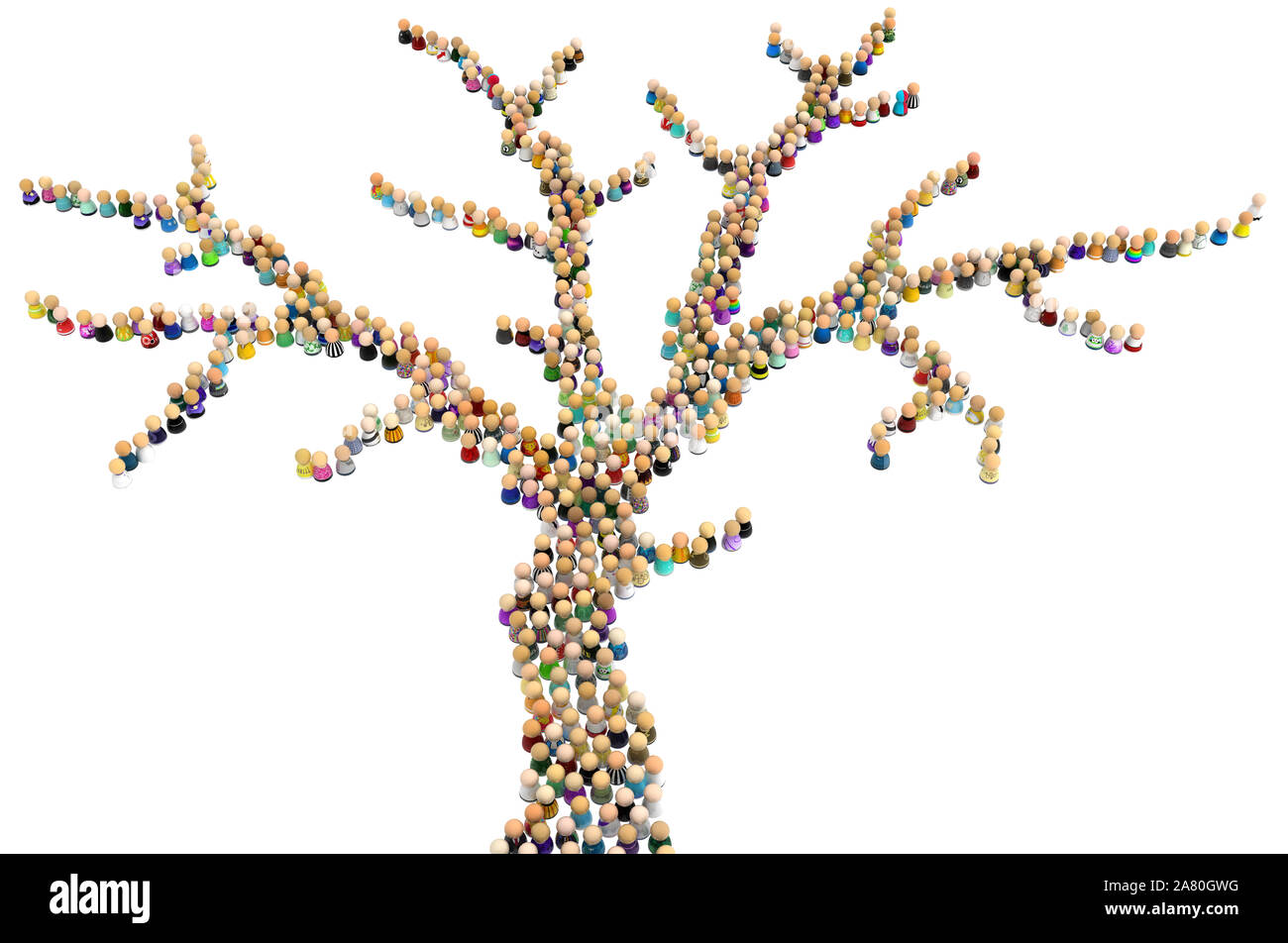 Crowd of small symbolic figures forming branching tree shape, 3d illustration, horizontal, isolated, over white Stock Photo
