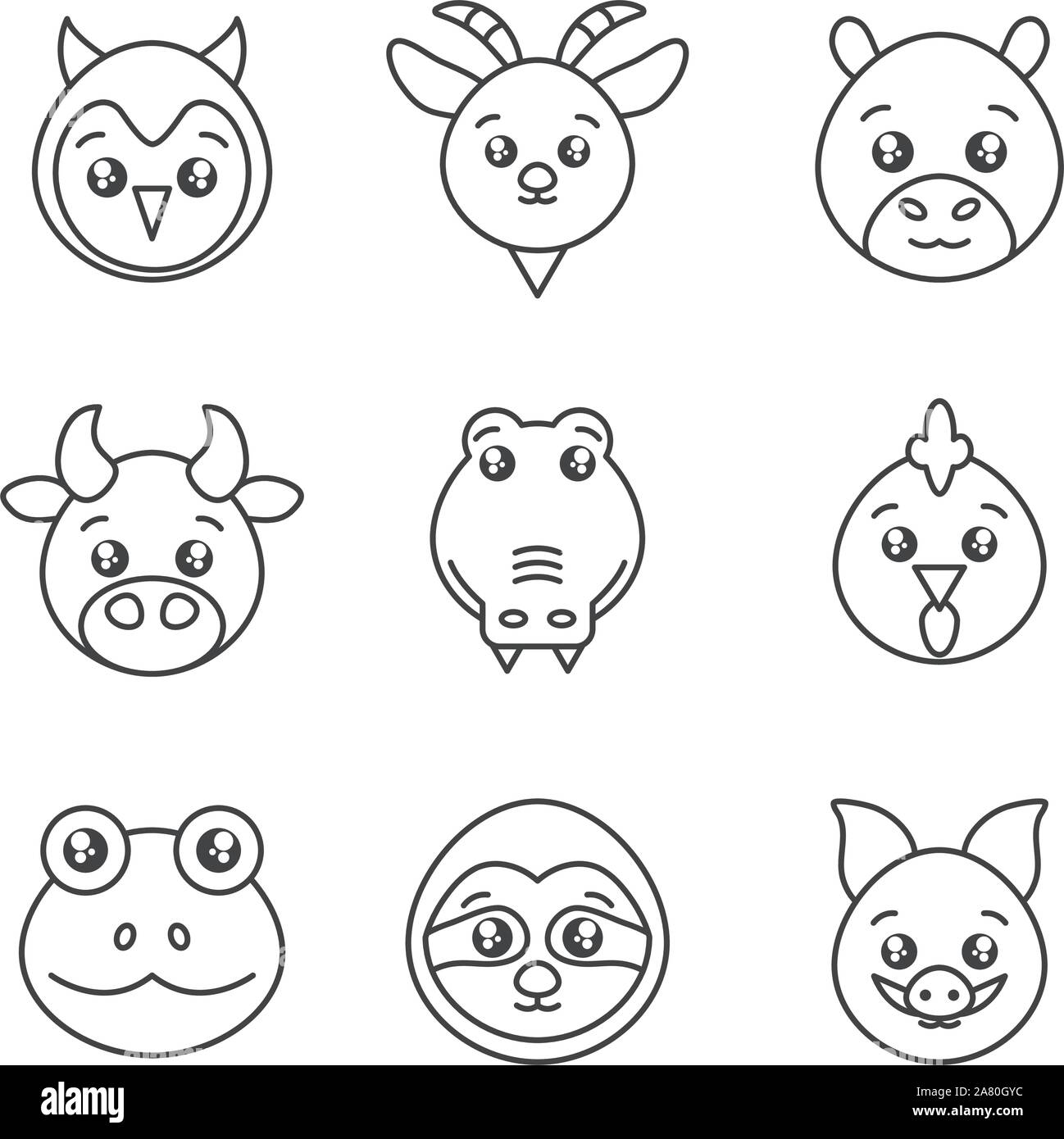 cute animals head cartoon icons set line style vector illustration ...